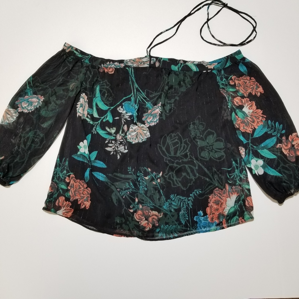 NY&C Floral Off Shoulder Blouse Sheer Overlay S